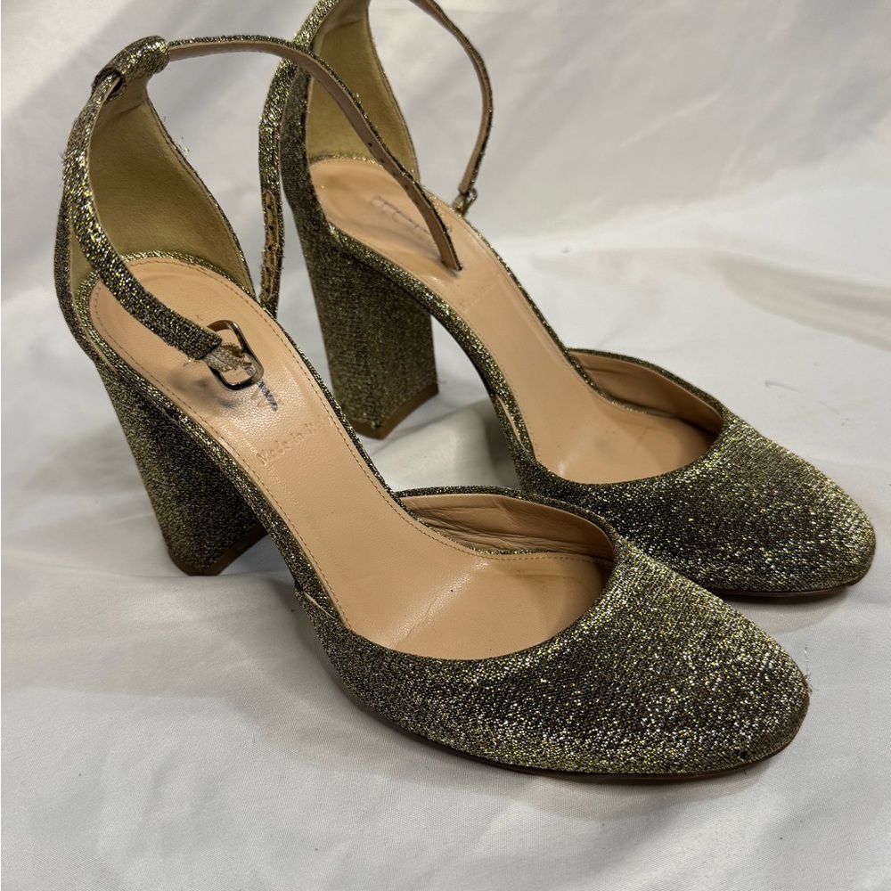 J.Crew Gold Glitter Block Heel Pumps Ankle Strap Party Wedding